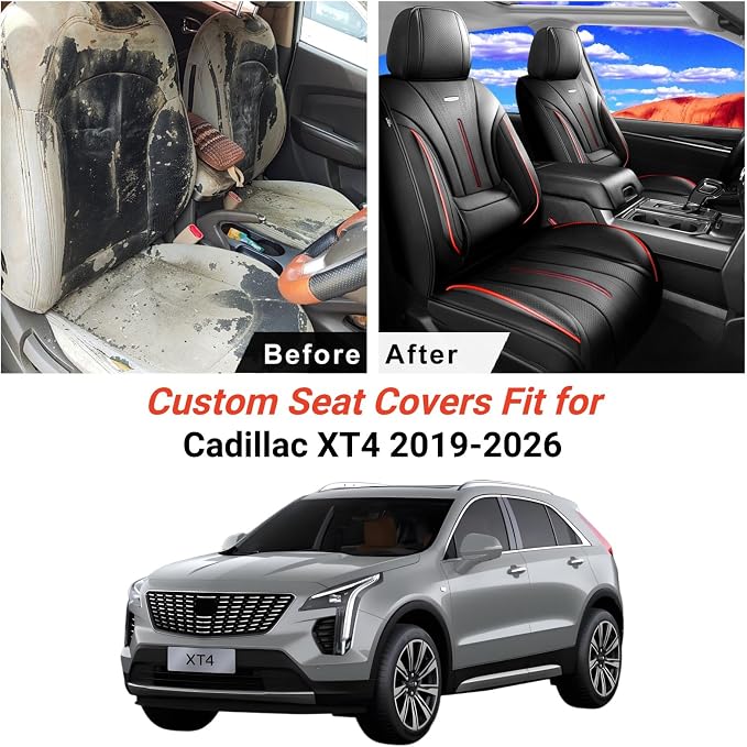 Fit XT4 Car Seat Covers (Front Pair) for Select Cadillac XT4 2019-2026 - Premium Full Coverage Leather, Airbag Compatible & Scratch-Resistant, Waterproof & All Weather Seat Protector, Red Trim