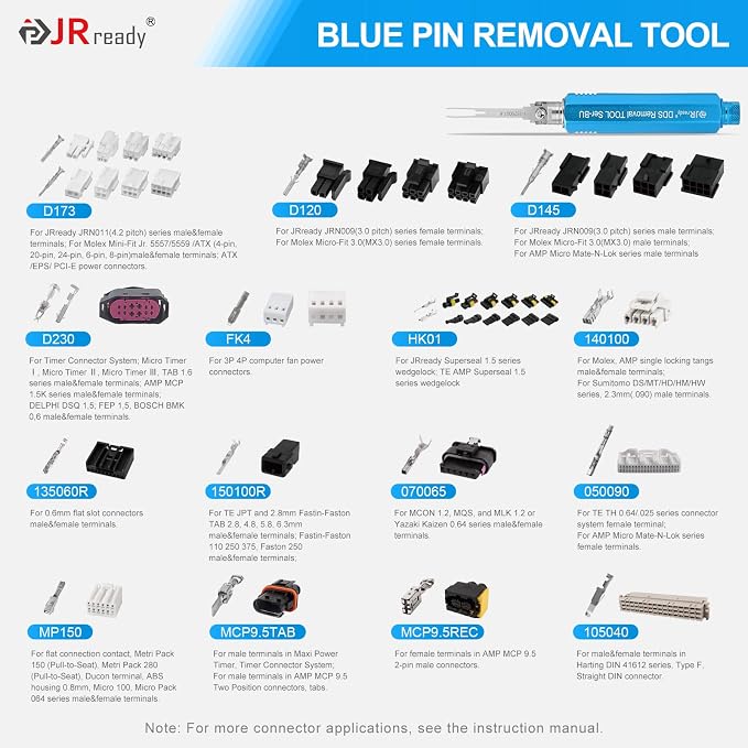 JRready ACTCRH7A04 Pin Extractor Tool Set, Compatible with TE, Deutsch, AMP, Molex MX150, Delphi, Harting, YAZAKI, JPT, D SUB Connectors, Blade and Round Pin Extractor with 40 Replacement Tips