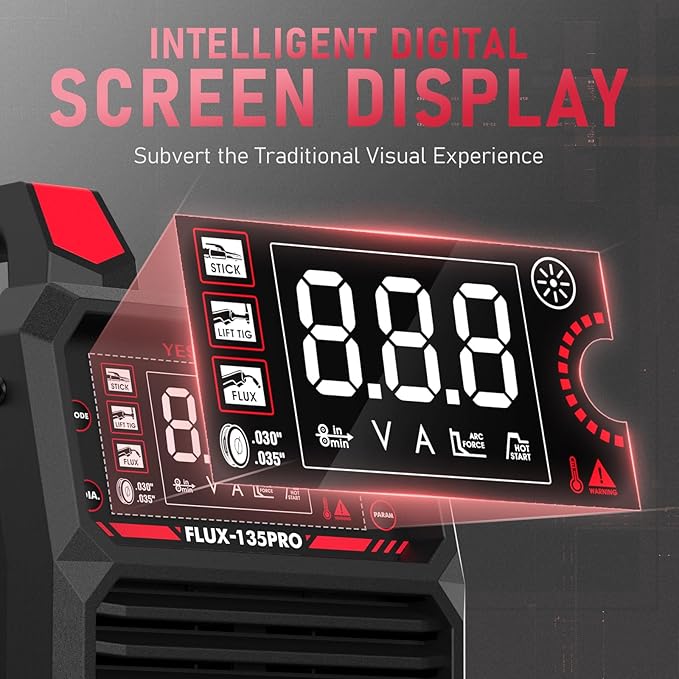 YESWELDER 135A MIG Welder, 110V Flux Core MIG/Lift TIG/Stick 3-in-1 Large LED Digital Display Welding Machine IGBT Inverter Welder