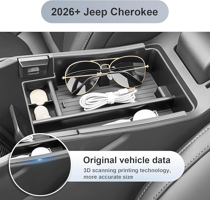 SKTU for 2026 Jeep Cherokee Center Console Organizer for 2026+ Jeep Cherokee (Base/Laredo/Limited/Overland) Console Tray Jeep Cherokee 2026 Accessories ABS Insert Tray with Sunglasses and Coin Holder