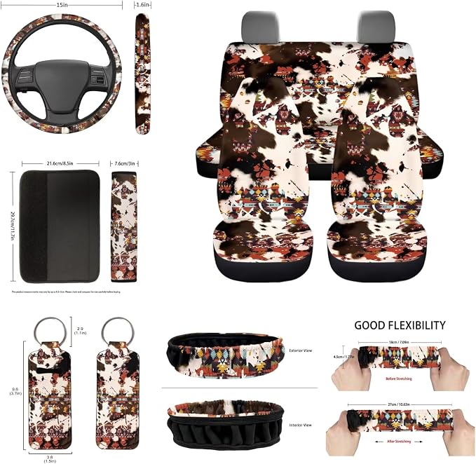 Set of 14 Car Seat Covers Full Set Southwestern Tribal Cow Car Seat Covers Brown Steering Wheel Cover Coasters Keychain Mirror Cover,Auto Interior Accessory Protector