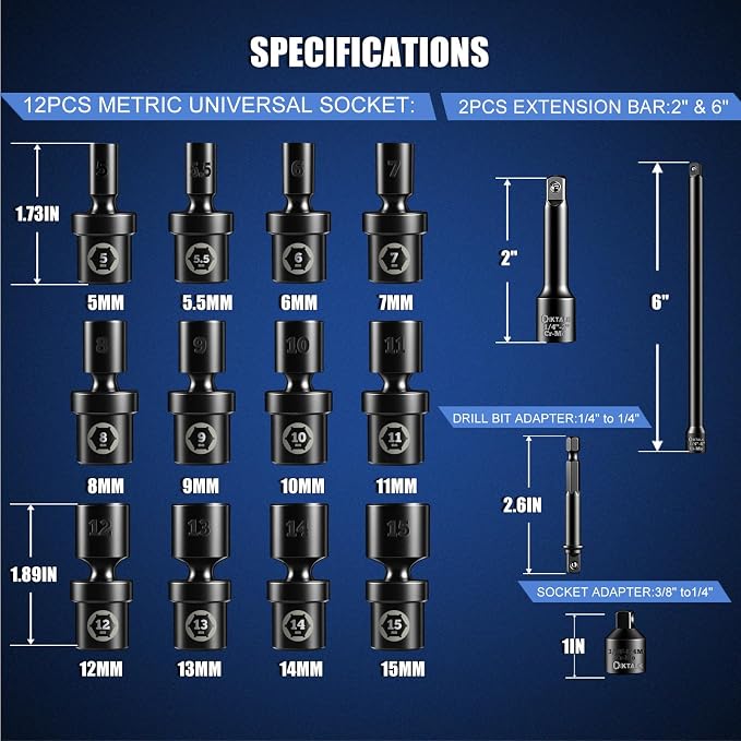 Professional 1/4" Drive Impact Swivel Socket Set,16-Piece Universal Metric Wobble Sockets (5-15MM) with 2", 6" Extension Bars & Socket Adapters, 6 Point, CR-MO, EVA Foam Organizer