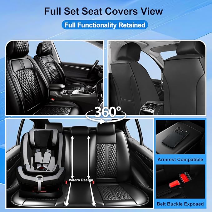 Fit XT4 Car Seat Covers for Select Cadillac XT4 2019-2026 - Premium Full Coverage Leather, Airbag Compatible & Scratch-Resistant, Waterproof & All Weather Seat Protector, Full Set, Black