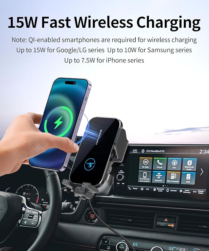 15W Wireless Fast Charger for 2023-2026 Honda Pilot Accessories 7/9 inch Screen Fixed Clip, Interior Decoration Mobile Phone Mount, 360° Rotation, Vehicle-Specific Custom Mount