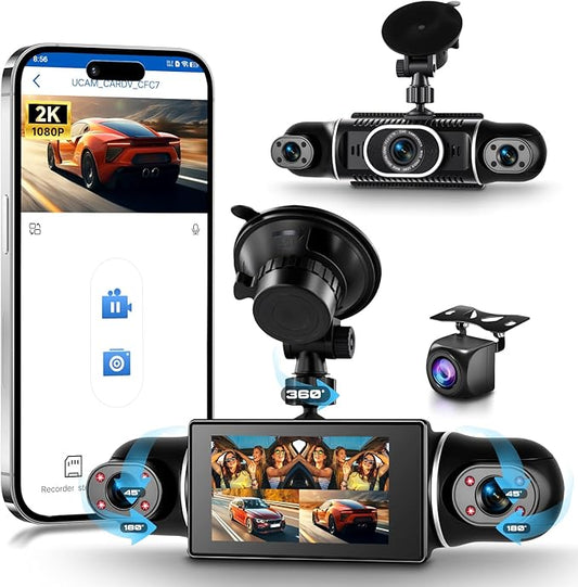 4 Channel 360 Dash Cam Front Rear Inside Left Right 3 Inch 2K Car Dash Camera with WiFi Night Vision Motion Detection 24H Parking Mode Loop Recording Reverse Monitor Without 64G TF Card