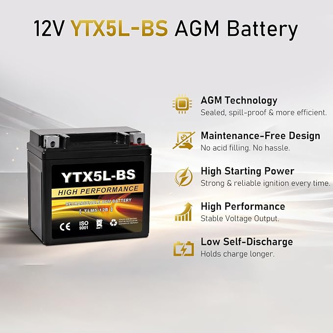 YTX5L-BS 12V 4Ah AGM Sealed Motorcycle Battery, Maintenance-Free, Compatible with Honda YUASA Yamaha ETX5L-BS Batteries