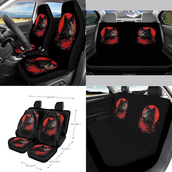 Moon Wolf Floral Print Car Accessories Full Set of 15 Car Seat Covers Steering Wheel Covers Seat Belt Strap Cover Trash Bag Air Vent Storage Holder Rear View Mirror Cover Keychain Coasters
