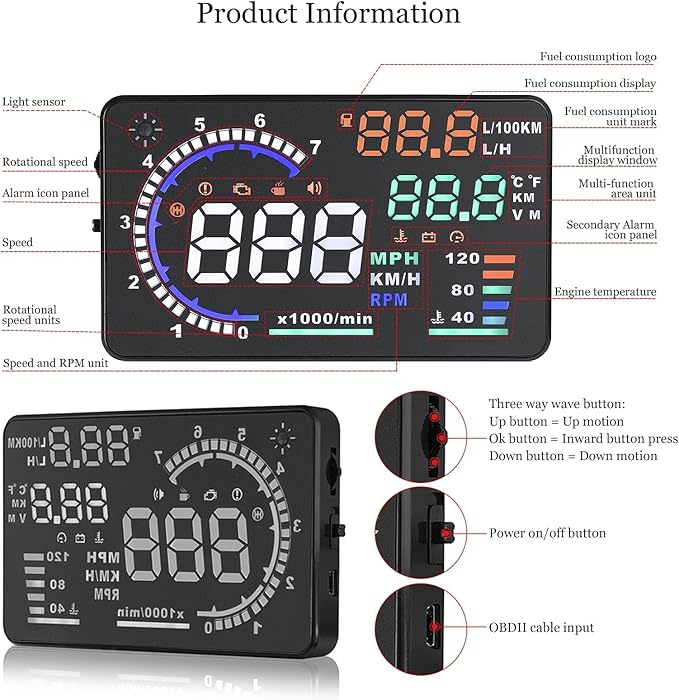 wiiyii Heads Up Display for Cars, Digital Speedometer for Car A8 with OBD Function, 5.5 Inch Large Screen, HUD Speedometer for Car for All Vehicles (OBD2 Speedometer A8)