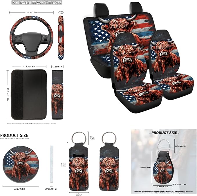 INSTANTARTS American Flag Highland Cow Car Accessories Full Set of 13 Front Rear Seat Covers with Keychain Lipstick Holder Coasters Steering Wheel Cover Seat Belt Cover