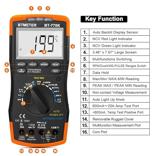 BTMETER BT-770K Auto Ranging Automotive Multimeter for Dwell Angle Pulse Width Tach Temperature Duty Cycle Voltage Current Resistance Test