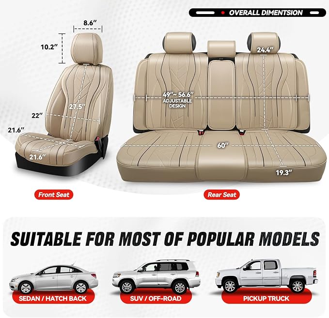 Auto Dynasty Car Seat Covers Full Set, Anti-Slip Automotive Interior Covers with Storage Pocket, Breathable Car Seat Protectors, Airbag Compatible, Universal Fit Most Vehicles, Beige (Touring Series)