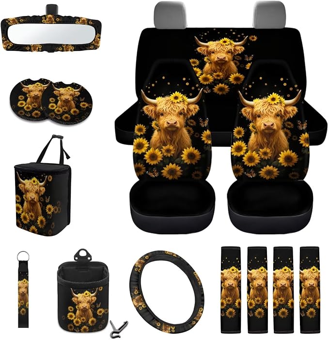 Wanyint Car Seat Cover Set 15 PCS, with Steering Wheel Seat Belt Strap Rear View Mirror Cover Trash Can Cup Coaster Keychain Air Vent Storage Bag Universal Fit, Sunflower Highland Cow Black