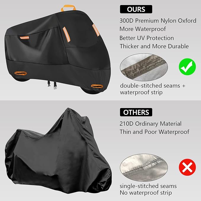 300D Motorbike Cover Waterproof Outdoor, Seceles Durable All Season Protection Scooter Cover 4 Reflective Tape Storage Bag Fits up to 82" Funda para Moto (XL: 82" x 37" x 50")