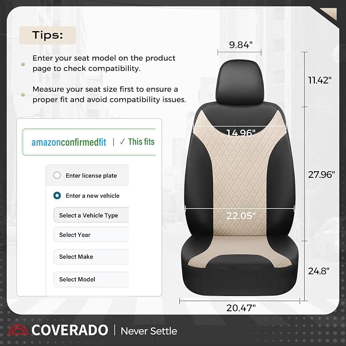 Coverado Front and Back Seat Covers, 5-Pack Universal Seat Covers for Cars, Leather & Fabric Splicing Design Car Seat Protectors, Waterproof Seat Cushions Universal for Most Vehicles, Black & Beige