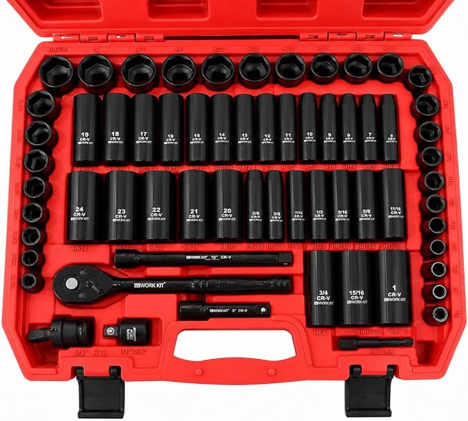 3/8" Drive Impact Socket Set 64-Piece, Deep & Shallow SAE (5/16"-1") & Metric (6-24mm), with 3/8-Inch Ratchet Handle, 6 Points,Cr-V, Extension Bars, Universal Joint, Gift for Men