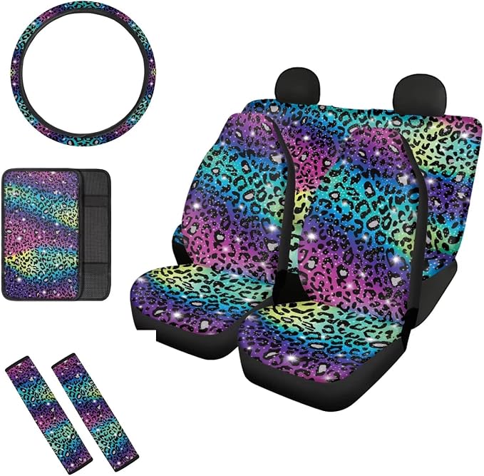 Mumeson Bright Leopard Skin Design Car Seat Covers Set with Steering Wheel Cover, Seat Belt Shoulder Pads,Car Armrest Cushion of Car Full Set of 8 Pieces Auto Interior Protector Set for Womens