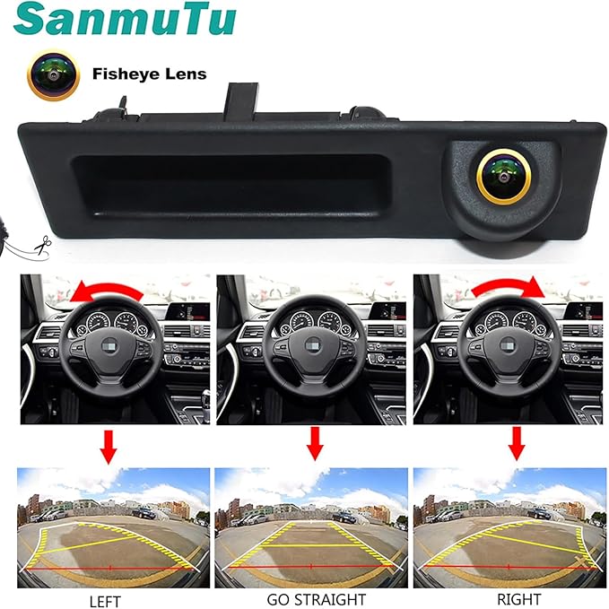 Vehicle Backup Camera CCD with Dynamic Trajectory Moving Guide Parking Line for BMW 3 5 Series X1 3 4 5 F07 F10 F11 F25 F26 F30 F34 Car Rear View Reverse Parking Fisheye Lens Car Trunk Handle Camera