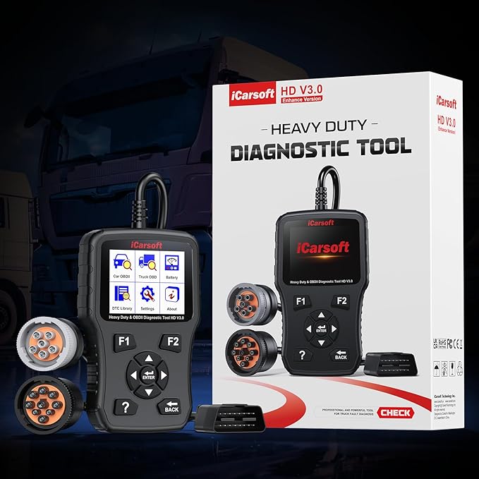 iCarsoft Heavy Duty Truck Scanner HD V3.0 All System Diesel Diagnostic Scan Tool Battery Test Code Reader for Freightliner, Paccar, International, Mack, Volvo, Hino, Isuzu, Cummins Heavy Duty Trucks