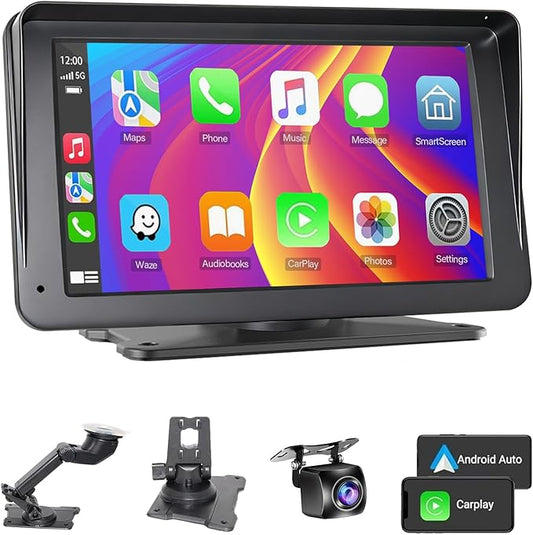 Portable Wireless Radio with Apple CarPlay and Android Auto Screen for Car, 7 Inch Anti-Glare Touchscreen Radio with Bluetooth Hands-Free/Navigation/Voice Control/AHD Backup Camera, for All Vehicles