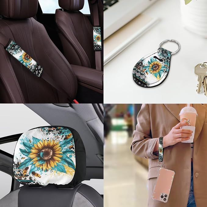 Navajo Sunflower Car Seat Covers Full Sets of 18 Pcs Sunflower Print Car Interior Accessories Sets with Anti Slip Car Seat Belt Pads Cover Leakproof Auto Trash Can Steering Wheel Cover