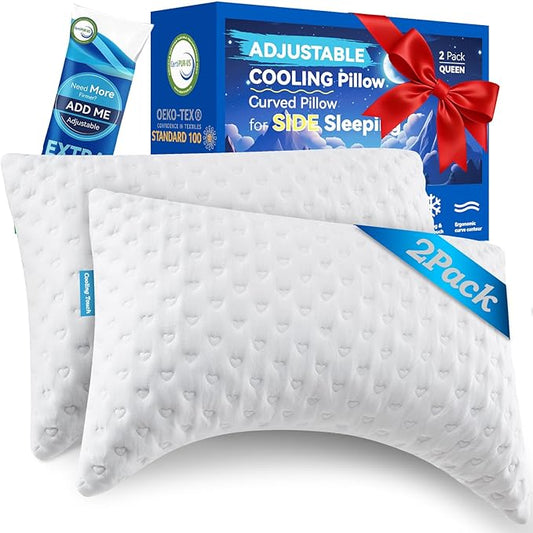 Side Sleeper Pillows for Neck & Shoulder Comfort - Ergonomic Curved Crescent Design, Adjustable Shredded Memory Foam, Cooling & Soft Cover, Extra Fill Included, Queen Size Pillows Set of 2