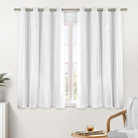 XiDi White Curtains with Sheer Overlay for Girls Bedroom 2 Panels Blackout Double Layer Curtains 45 Inches Length for Kids Princess Nursery Room Star Cut Out Grommet Small Window Drapes W34 X L45