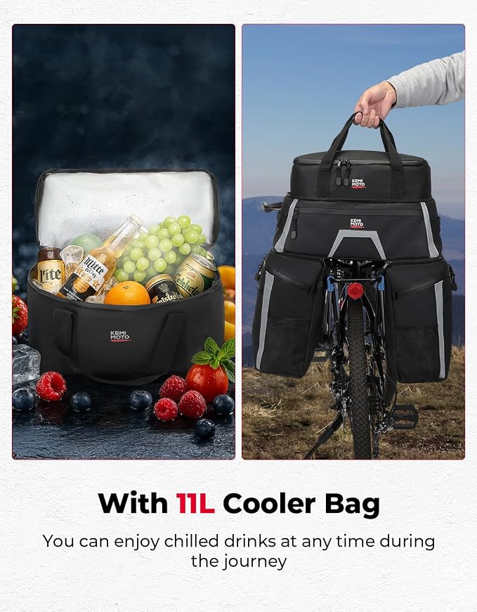 KEMIMOTO Bicycle Panniers Combo 4-in-1, Bike Saddle Cooler Bag with Waterproof Rain Cover, 47L Removable Insulated Cycling Rear Luggage for Warm or Cold Items for Traveling Camping Shopping Commuting