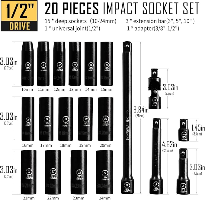 Boen 35 Pieces Impact Socket Set, 1/2 Inch Drive & 3/8 Inch Drive SAE (1/4" to 1") and Metric (10-24mm), Extension Bars, Universal Joint and Adapter, 6 Point Design, Meets ANSI Standards