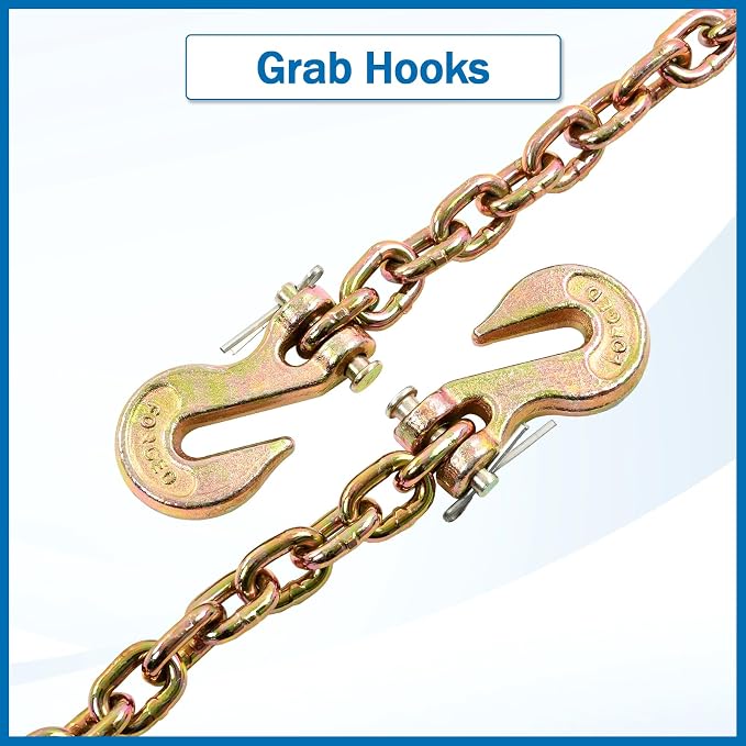 1/4 Inch x 12 Feet Transport Binder Chain G80 Safey Tow Chain with Grab Hooks 3300 Lbs Safe Work Load for Transporting Towing Tie Down Binding Equipment