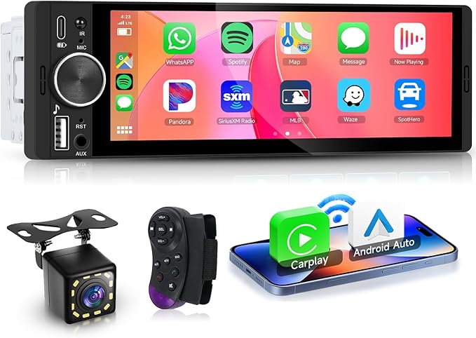 Upgrade Single Din Car Stereo, Wireless CarPlay Android Auto, 6.28'' Single DIn Touch Screen Car Radio with Backup Camera, Single Din Radio Supports Bluetooth 5.2, SWC, FM, USB, Type-C, Aux