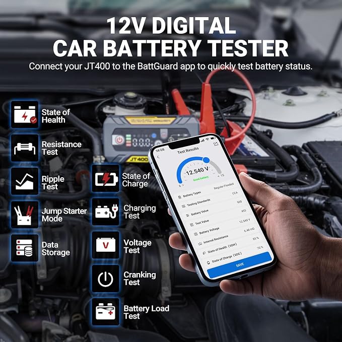 LOKITHOR JT400 12V Jump Starter and Battery Tester 2-in-1, 2500A Battery Jumper Starter Portable for Up to 8.5L Gas & 6.5L Diesel Engines, 100-2000 CCA Load Capacity Automotive Load Tester (Yellow)