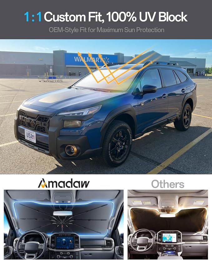 Windshield Sun Shade for Subaru Outback 2000–2026, Foldable Umbrella Sunshade with 100% UV Block, Multi-Layer Heat Insulation, Reinforced 10-Rib Frame, Keeps Car Cooler, Summer Car Accessory