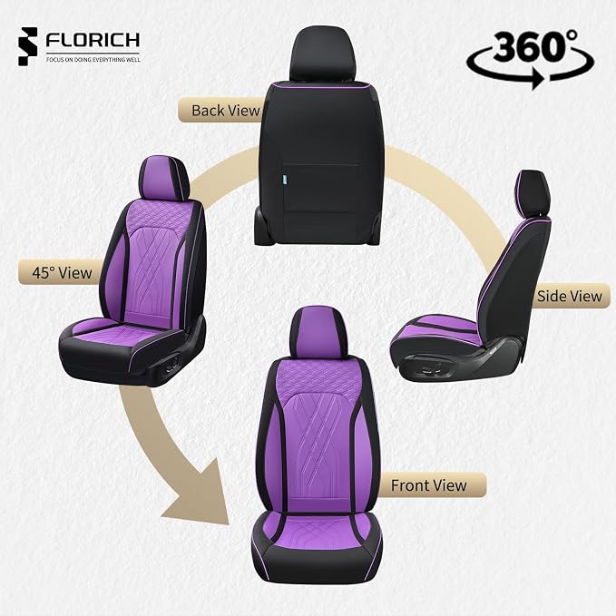 FLORICH Seat Covers for Cars Purple Leather Car Seat Covers Front Pair Breathable Automotive Car Seat Cover Non-Slip Easy Installation Comfortable Universal Fit for Most Car Truck SUV, Black&Purple