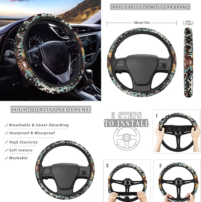 Wanyint Aztec Highland Cow Sunflower Car Seat Cover Full Set Pack of 11, with Steering Wheel Cover Car Coasters Shift Knob Handbrake Protector Coasters Headrest Auto Interior Accessories Decoration
