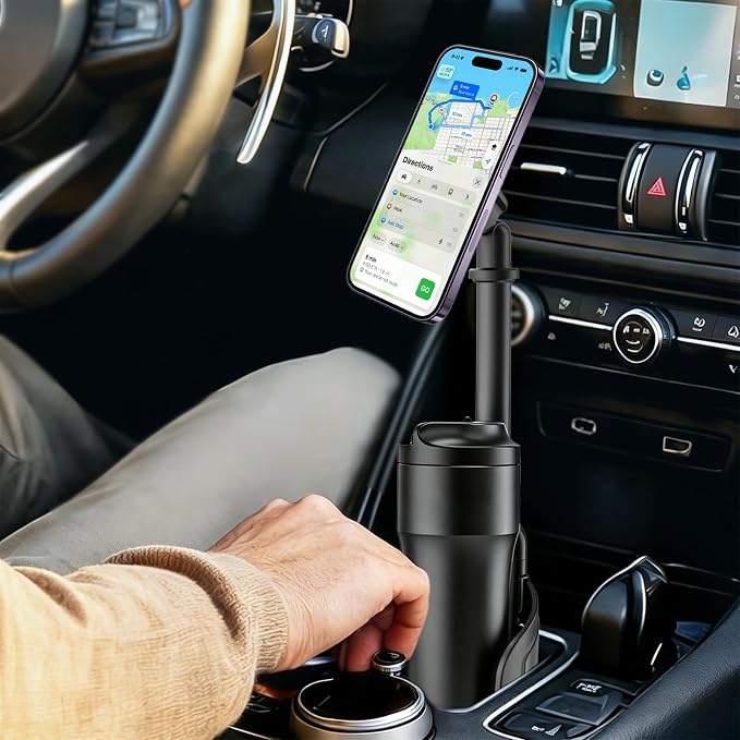 LenTok Magnetic Cup Holder Phone Mount for Car, 2 in 1 One-Hand Operation Adjustable Vehicle Cupholder Expander Phone Holder, Compatible with iPhone Android Smartphones