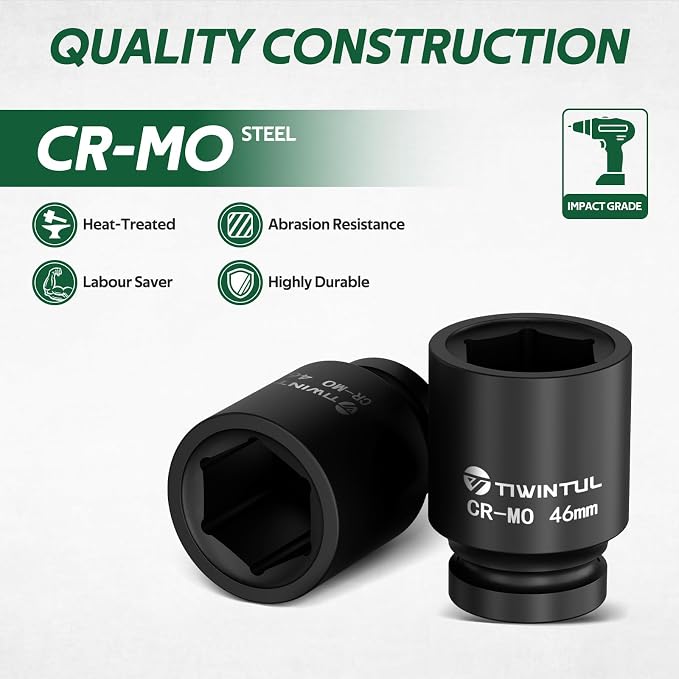 46mm Impact Socket 1-Inch Drive, 6 Point Design,CR-MO Heavy Duty Metric Socket for High Torque Impact Wrench, Large Socket for Semi Truck Axle Nuts, Diesel Mechanic & Heavy Equipment