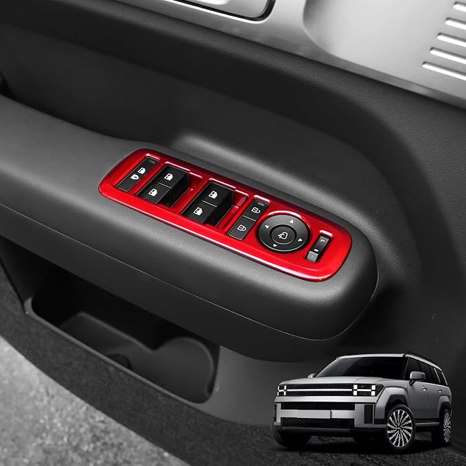 4Pcs Carbon Fiber Style Door Lock Glass Control Button Panel Cover Window Lift Switch Panel Trim Compatible with Hyundai Santa Fe 2024-2026 MX5 Accessories (Glossy Red Style)