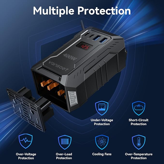 400W Car Power Inverter DC 12V to 110V AC Inverter with PD 30W/15W USB C+2*USB A Ports & 2 AC Outlets, Car Plug Adapter Outlet for Laptop/Phone/Road Trip