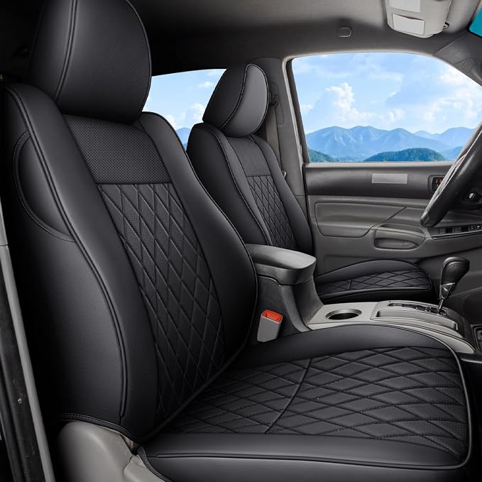 Coverado Tacoma Seat Covers Full Set, Faux Leather Seat Covers Custom Fit for 2005-2023 Toyota Tacoma Double/Crew Cab Base Prerunner SR5 Limited TRD Sport Interior Covers (Black)