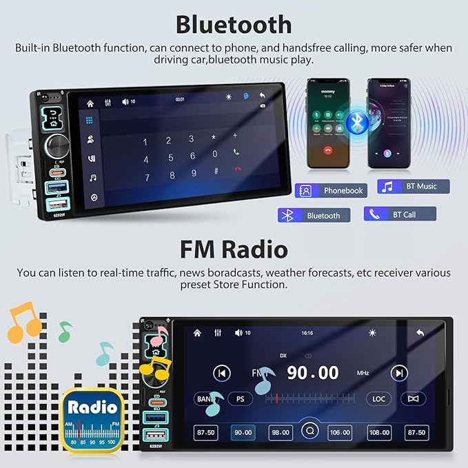 6.8" CarPlay & Android Auto Single Din Car Stereo HD Touch Screen FM Audio Receiver with Bluetooth Handsfree Mirror Link Voice Control Backup Camera/Steering Wheel Control/USB/TF/AUX/MIC