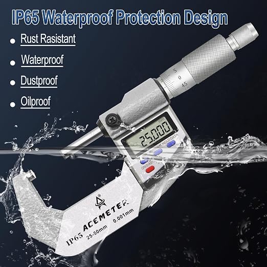 Digital Micrometer, Inch/Metric, Ratchet Stop, 1-2" (25-50mm) Range, 0.00005" (0.001mm) Resolution,Large Screen Digital Micrometer, Meets IP65 Specifications with Standard Ratchet Stop
