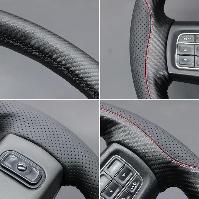MEWANT Hand Stitch Steering Wheel Cover for Dodge Ram 1500 2500 3500 2004-2008 Faux Leather Carbon Fiber Steering Wrap