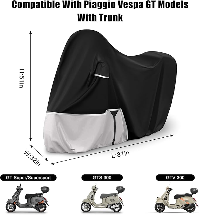 Waterproof Motorcycle Cover Replace for Piaggio Vespa GTV GTS GT125/200/250/300 Super with Trunk Model, 420D Oxford Cloth Motorcycle Cover for Snow Rain Dust Protection