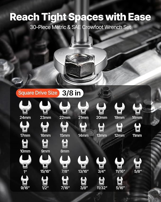 VEVOR Crowfoot Wrench Set, 3/8" Drive, 30-Piece Metric and SAE Size Crows Foot Wrenches, Cr-Mo Alloy Steel, with Storage Case, Dual Size Markings on Tools and Case, for Auto Maintenance or Repairs