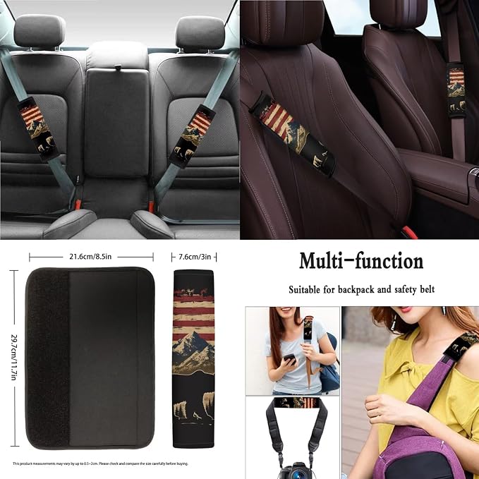 Xoenoiee Bear American Flag Pattern 11 Pieces Car Seat Covers Interior Accessories Set Universal Fit with Steering Wheel Cover, Seat Belt Pads, Keychain, Cup Coasters