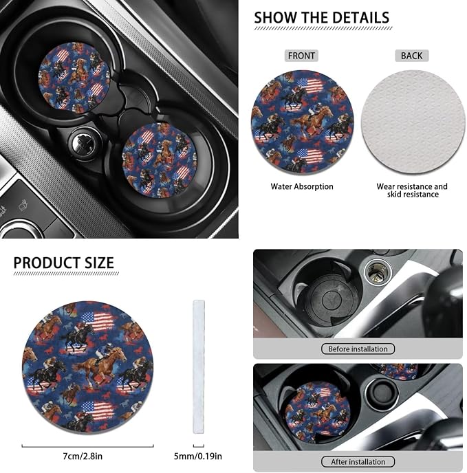 Wanyint Kentucky Horse Racing Car Seat Covers Full Set 12 Pieces, with Steering Wheel Seat Belt Covers Armrest Pad Handbrake Gear Shift Knob Cover Cup Coaster Universal Fit, American Flag Horse Navy