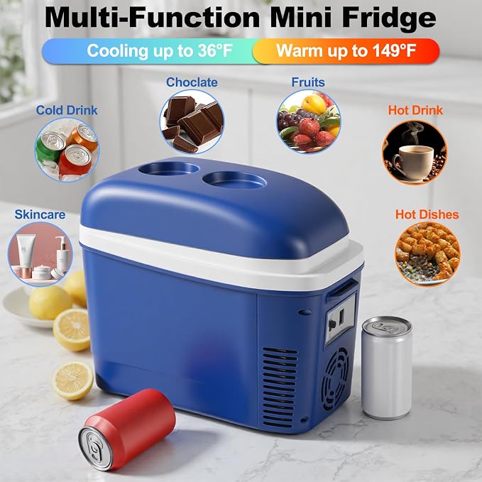 Iceblue Mini Fridge, 7 Liter /9 Cans Skincare Fridge with Belt, AC Plug & 12V Car Charger Dual-use Small Refrigerator, Compact & Portable Refrigerator for Car, Dorm, Travel, Picnic, Gift - Blue