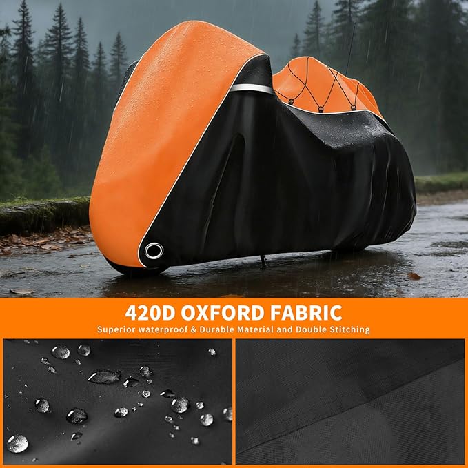 COVERVIN Motorcycle Cover with Side+Top Box Heavy Duty 420D Waterproof for Harley Davidson Ultra Ltd, Road Glide Ltd, Honda Gold Wing, Road Master, Indian, Indoor & Outdoor Storage (Black&Orange)