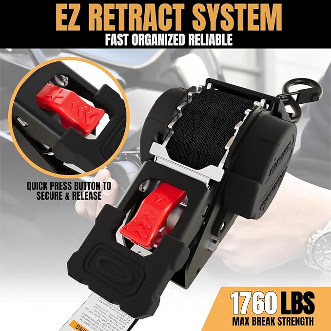 Retractable Ratchet Straps Heavy Duty Tie Down 1''*12ft Breaking Strength 1760LBS Cargo Securing System, for Motorcycle, Jetski, Kayak(2 Pack,Black)