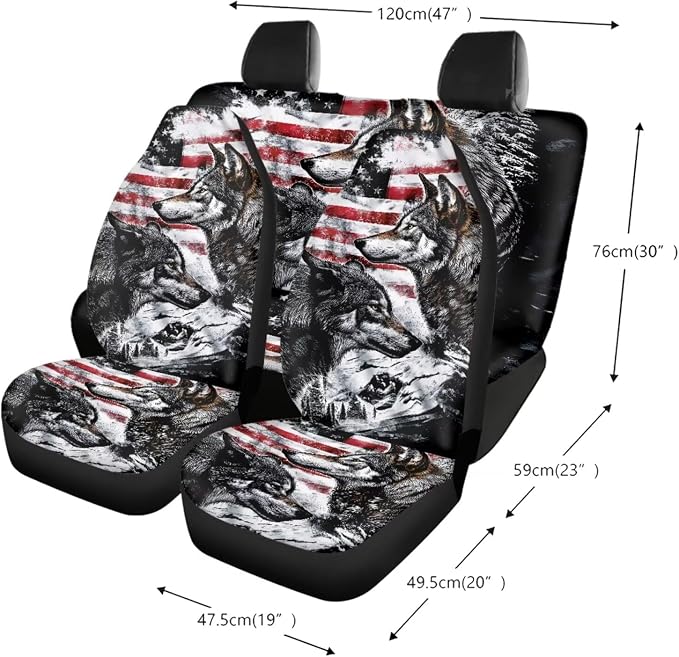 Wolf American Flag Pattern 13 Pieces Car Accessories, Auto Front and Back Seat Covers Full Set, Comfortable Steering Wheel Cover, Seat Belt Protector, Coasters for Car Auto